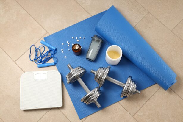 Fitness or sport accessories on fitness mat on floor